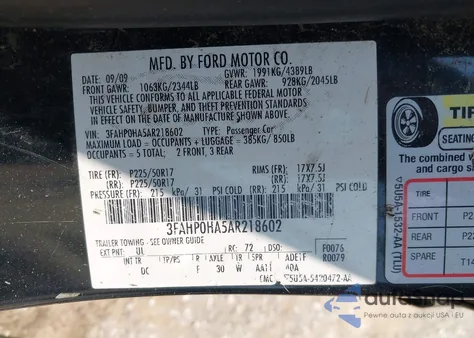 2010 Ford Fusion Se z USA, uszkodzony, nr VIN 3FAHP0HA5AR218602